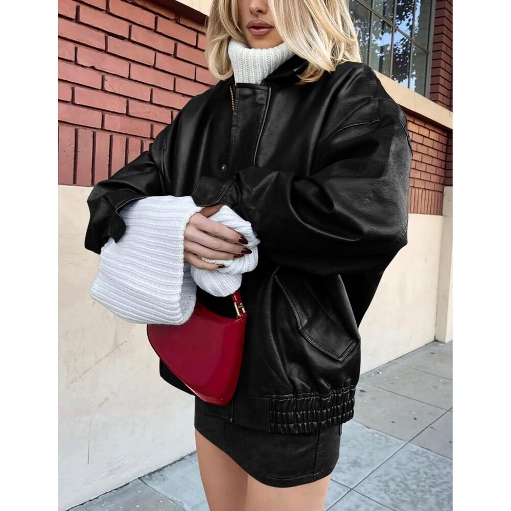 Women's Faux Leather Motorcycle Jacket Oversized Zip Up Winter Outerwear Black - Picture 5 of 6